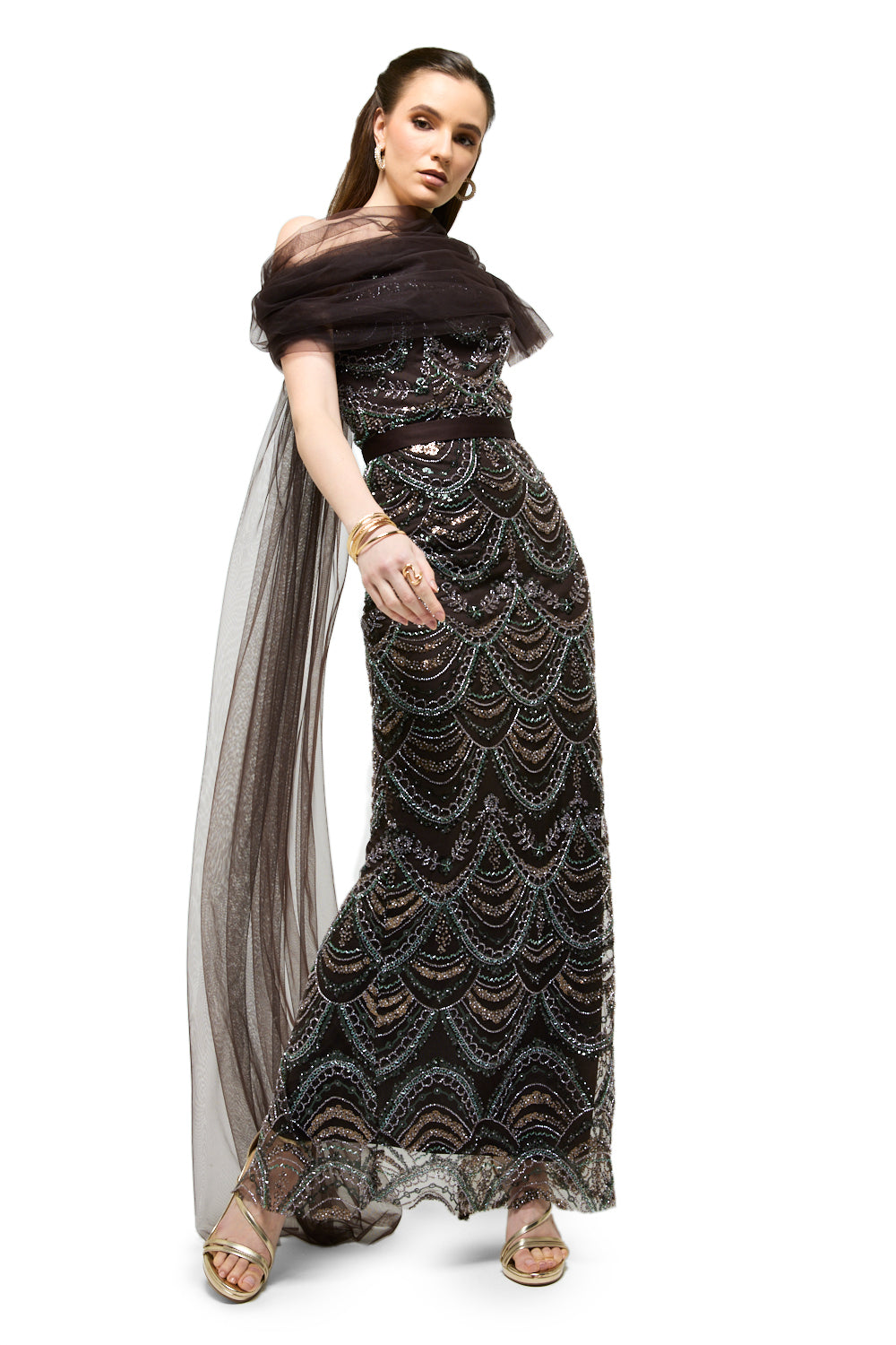 Beaded Wave Pattern Tulle Drape Maxi Dress