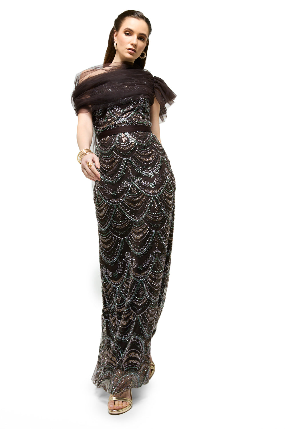 Beaded Wave Pattern Tulle Drape Maxi Dress