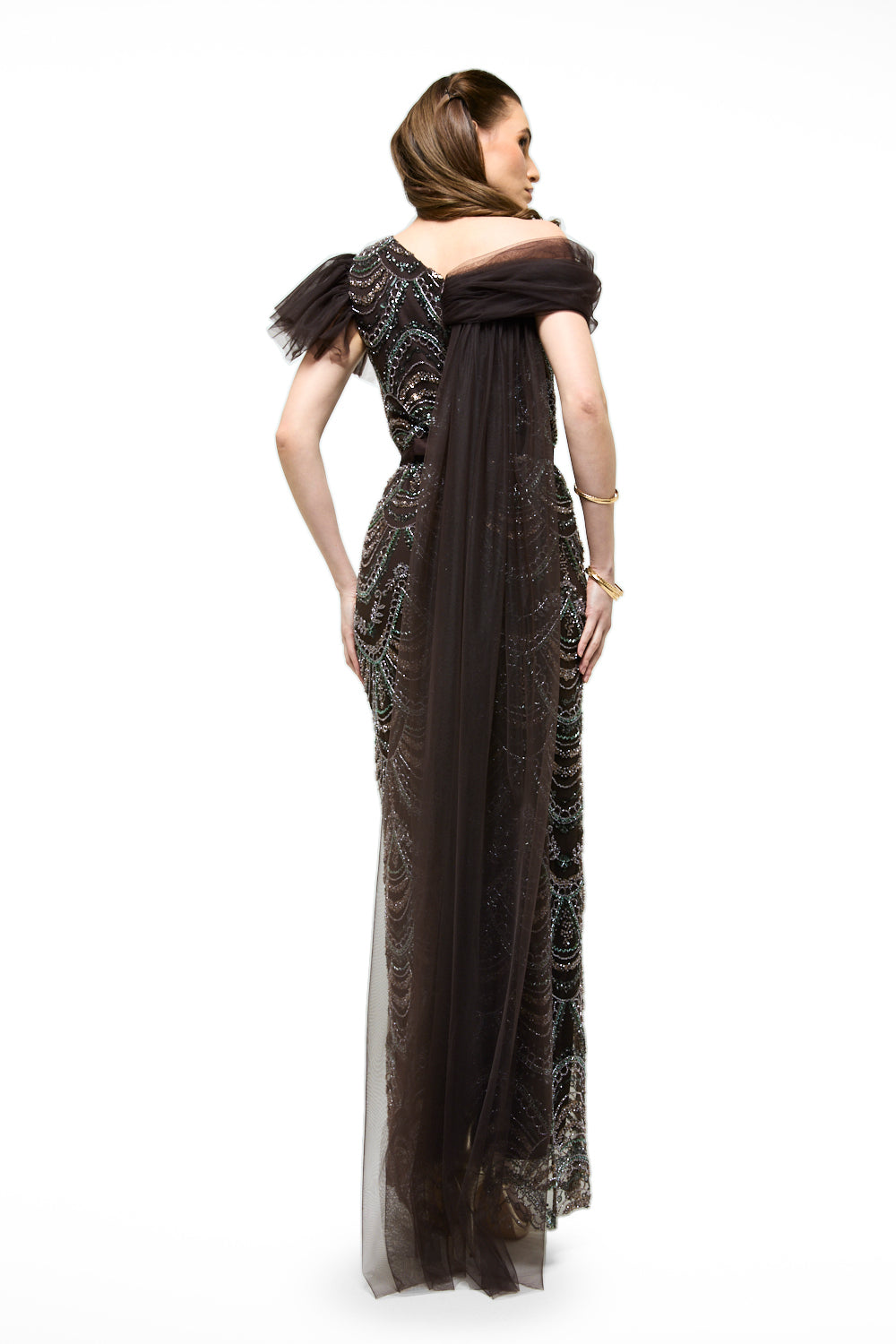 Beaded Wave Pattern Tulle Drape Maxi Dress