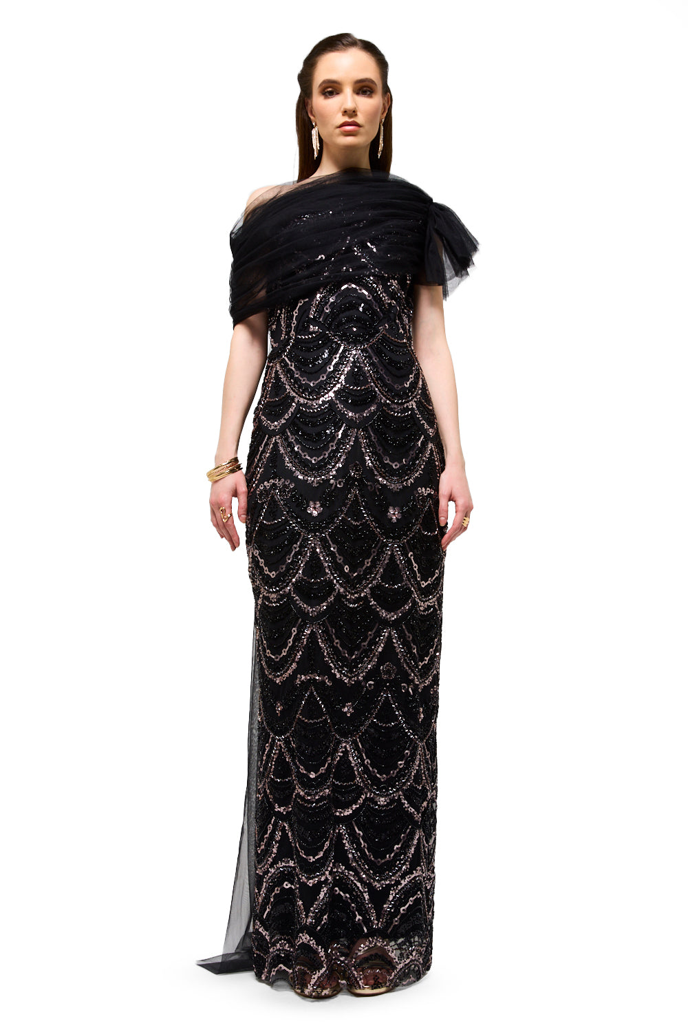Beaded Wave Pattern Tulle Drape Maxi Dress