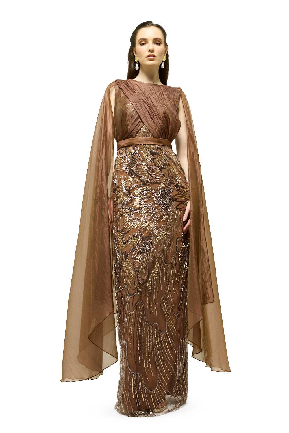 Beaded Cape Sleeve Column Gown