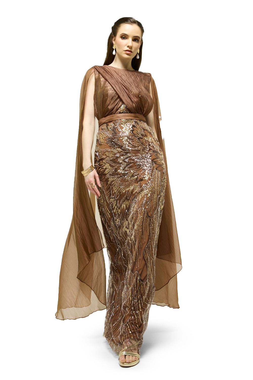 Beaded Cape Sleeve Column Gown