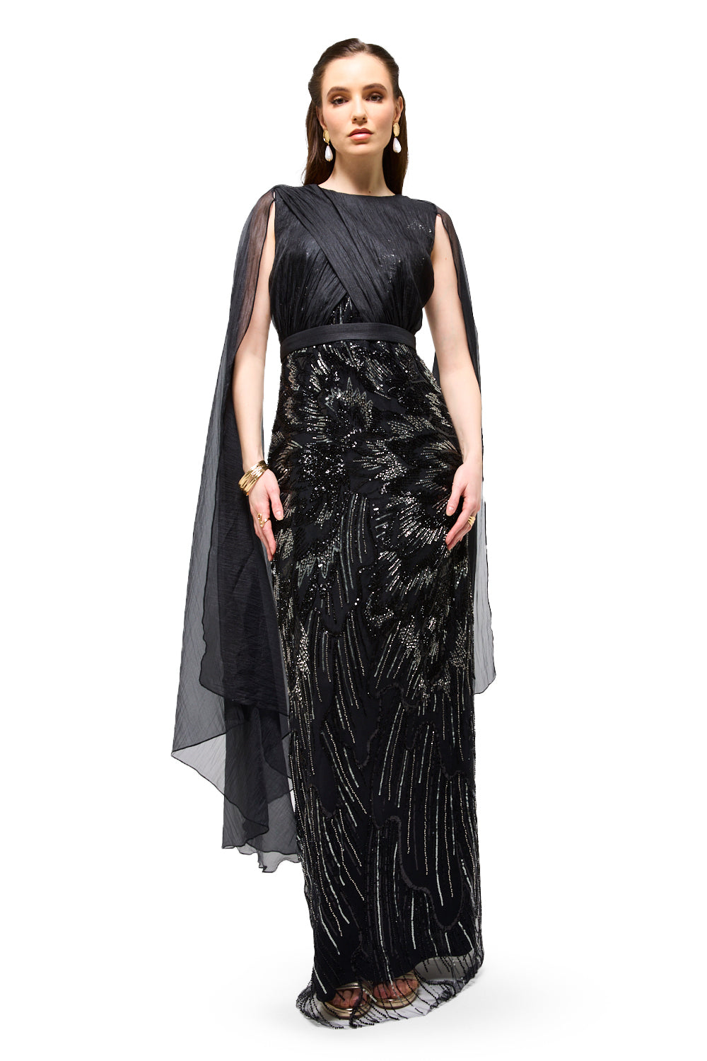 Beaded Cape Sleeve Column Gown