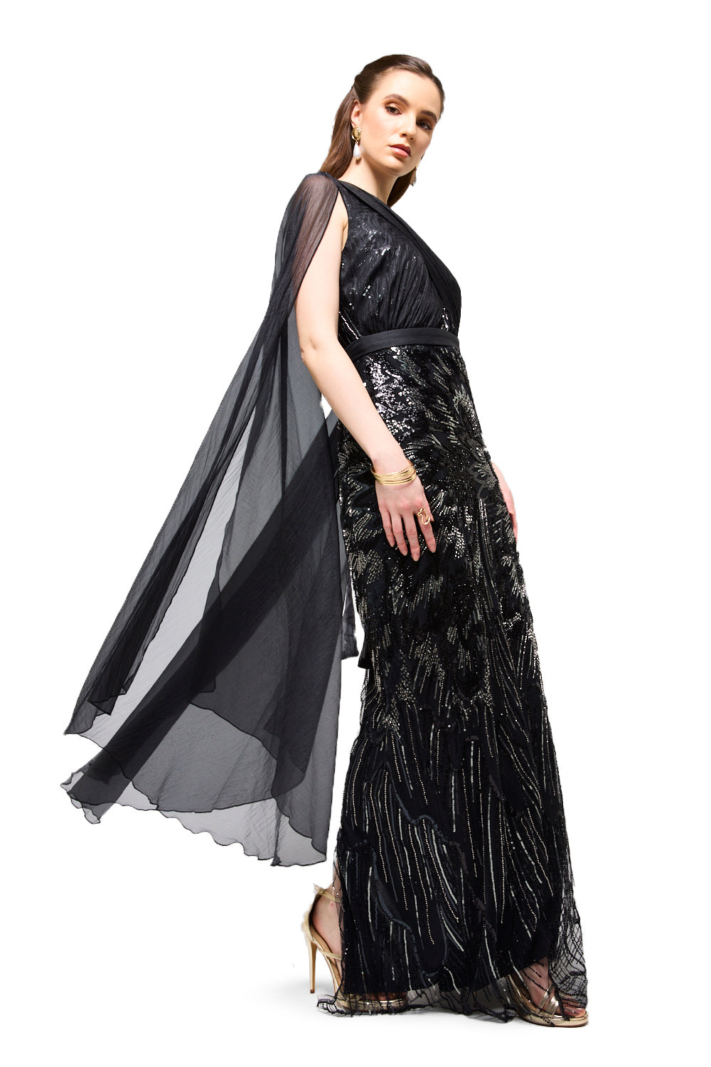 Beaded Cape Sleeve Column Gown