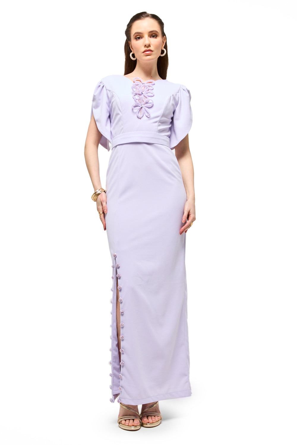 Floral Appliqué Sleeve Column Maxi Dress