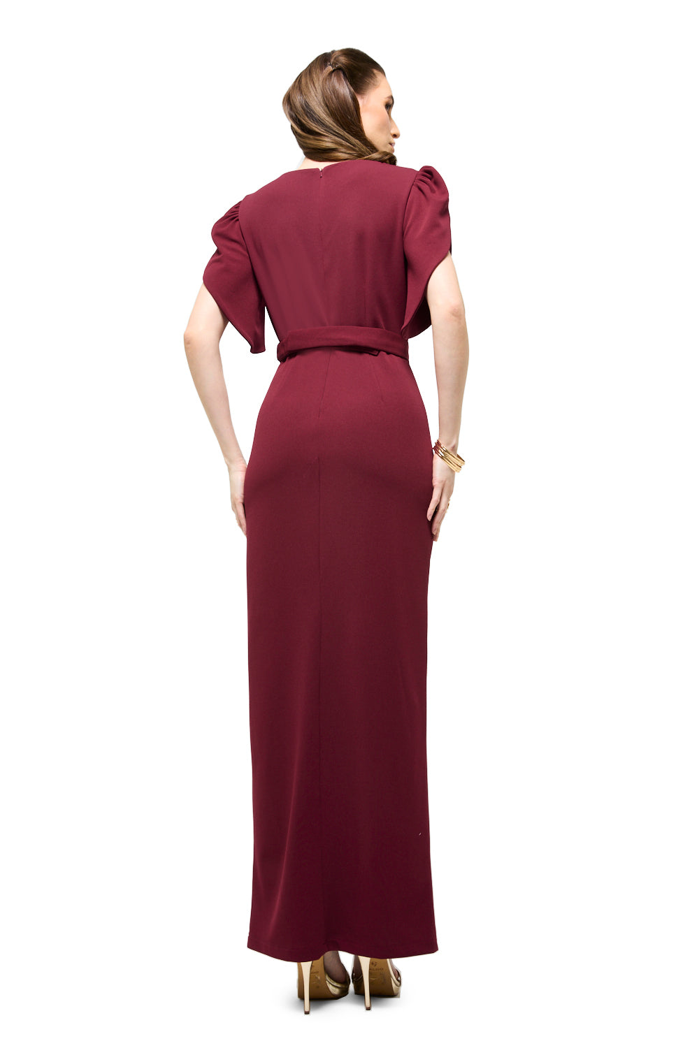 Floral Appliqué Sleeve Column Maxi Dress