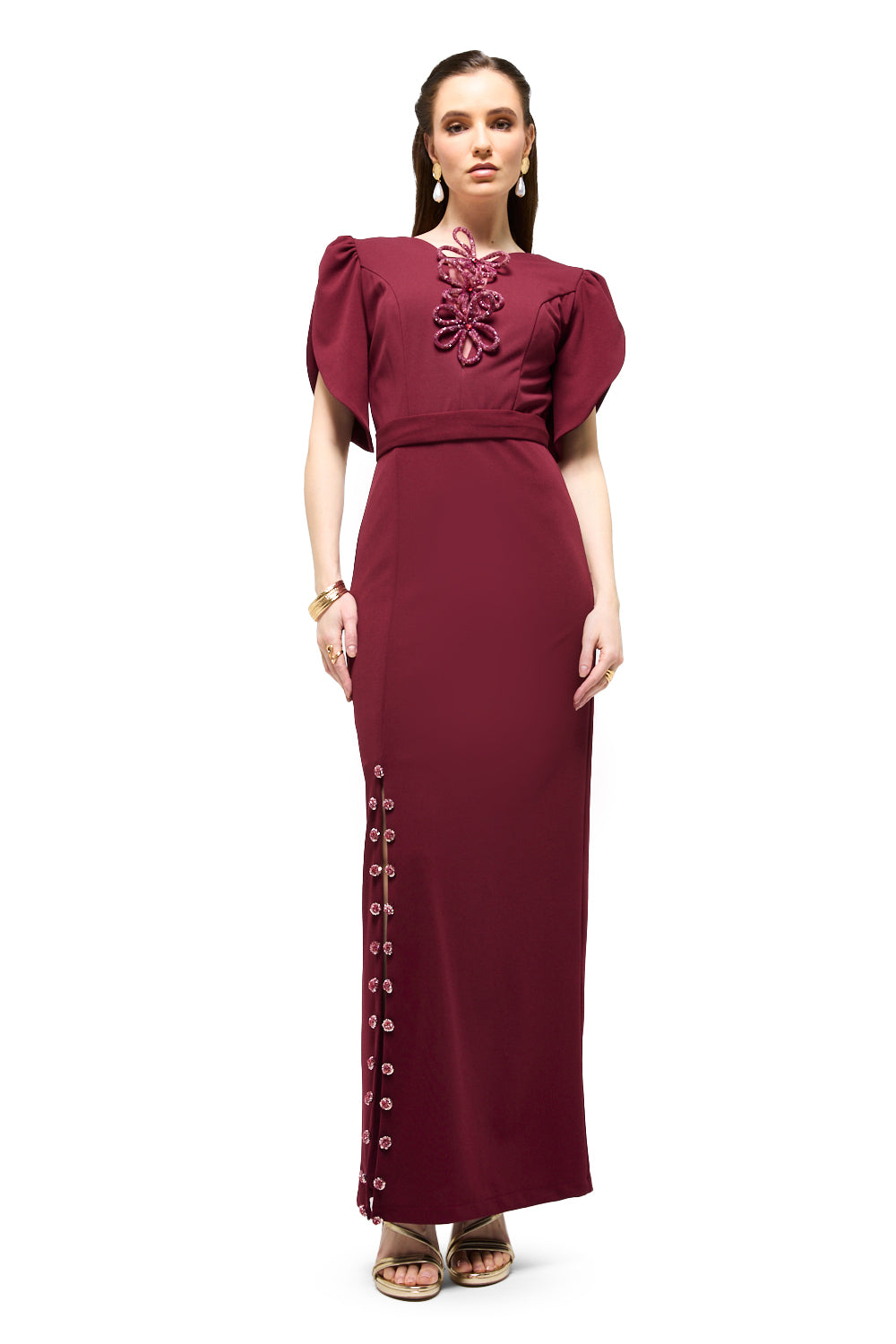Floral Appliqué Sleeve Column Maxi Dress