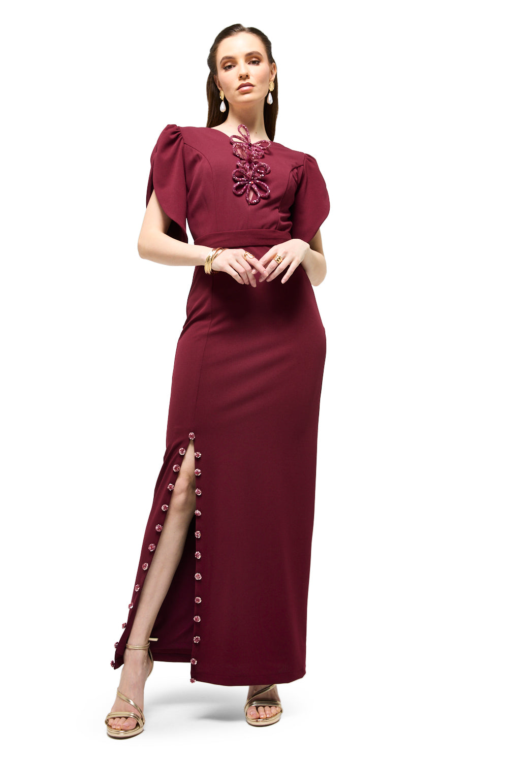 Floral Appliqué Sleeve Column Maxi Dress