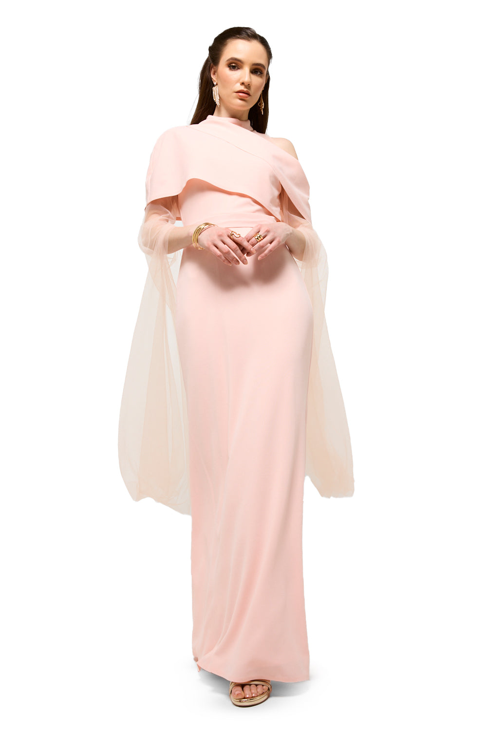 Draped Neck Tulle Sleeve Maxi Dress