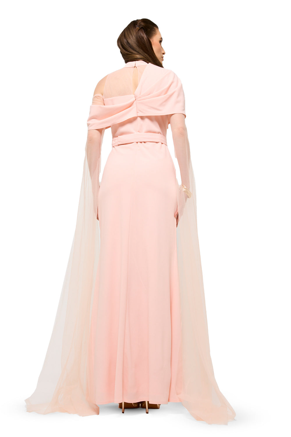 Draped Neck Tulle Sleeve Maxi Dress