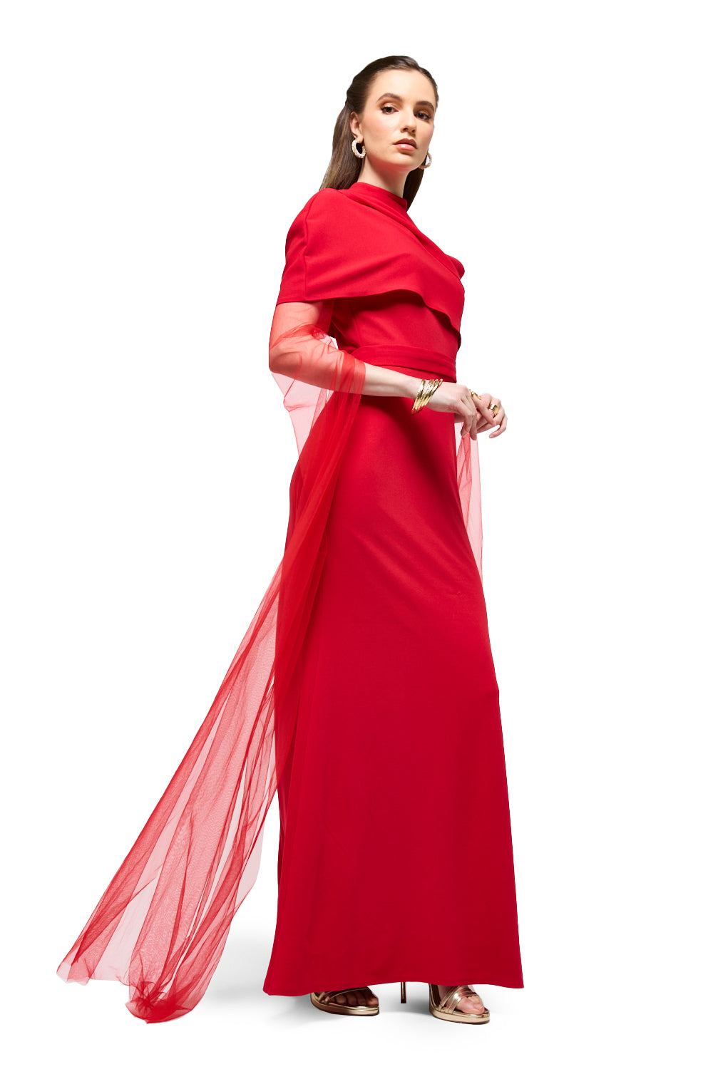 Draped Neck Tulle Sleeve Maxi Dress