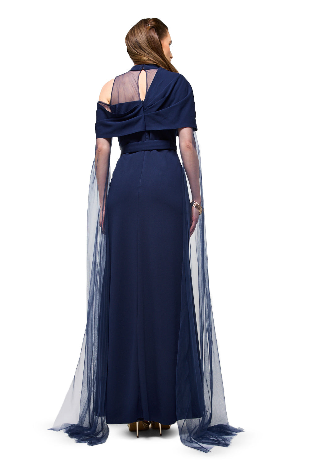 Draped Neck Tulle Sleeve Maxi Dress