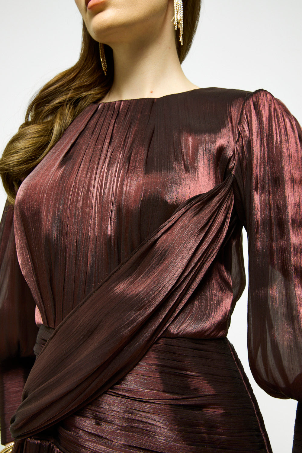 Pleated Wrap Bodice Maxi Dress