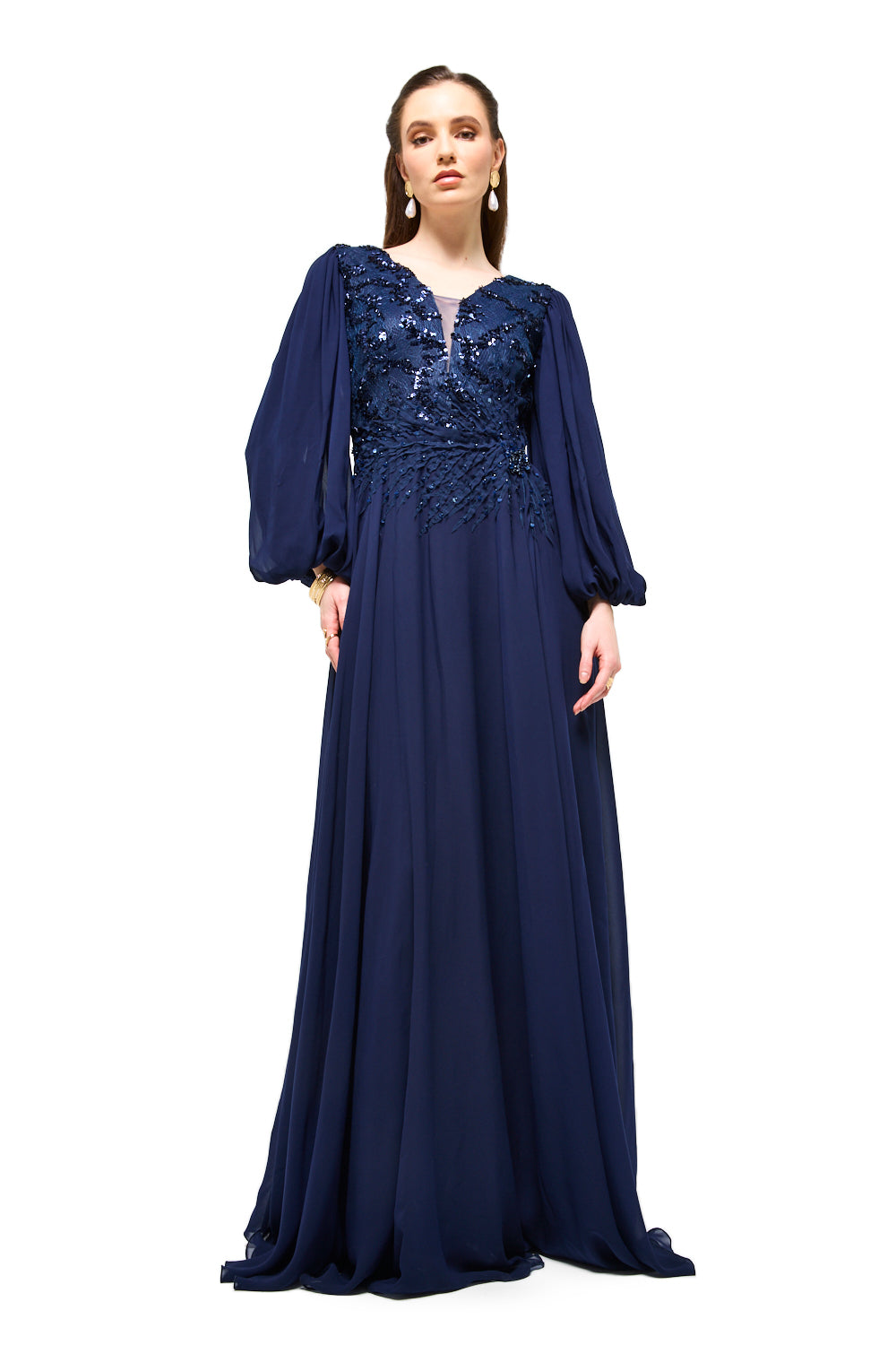 Embellished Bodice Bishop Sleeve Maxi Dress