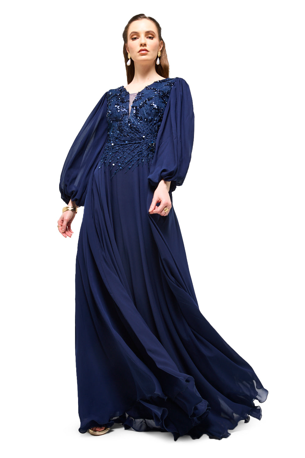 Embellished Bodice Bishop Sleeve Maxi Dress