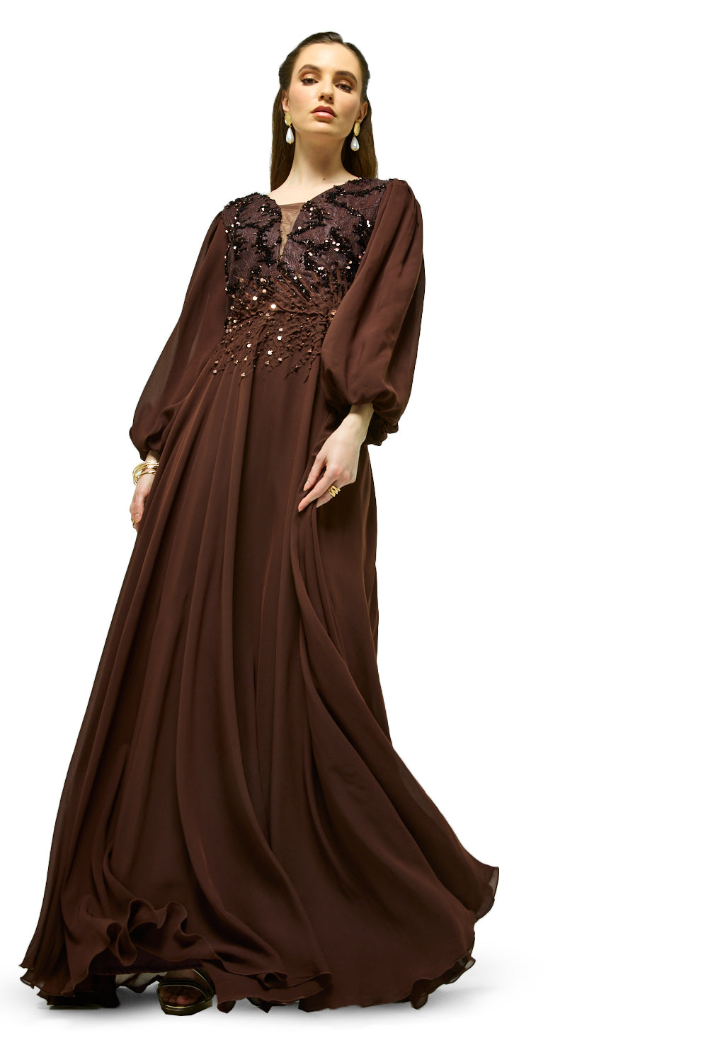 Embellished Bodice Bishop Sleeve Maxi Dress