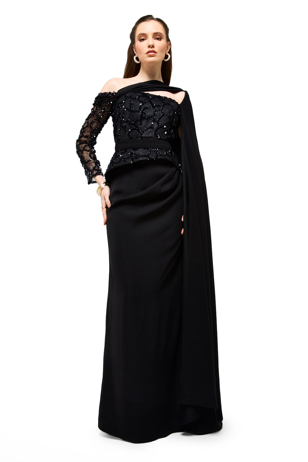 Embellished Peplum Drape Maxi Dress