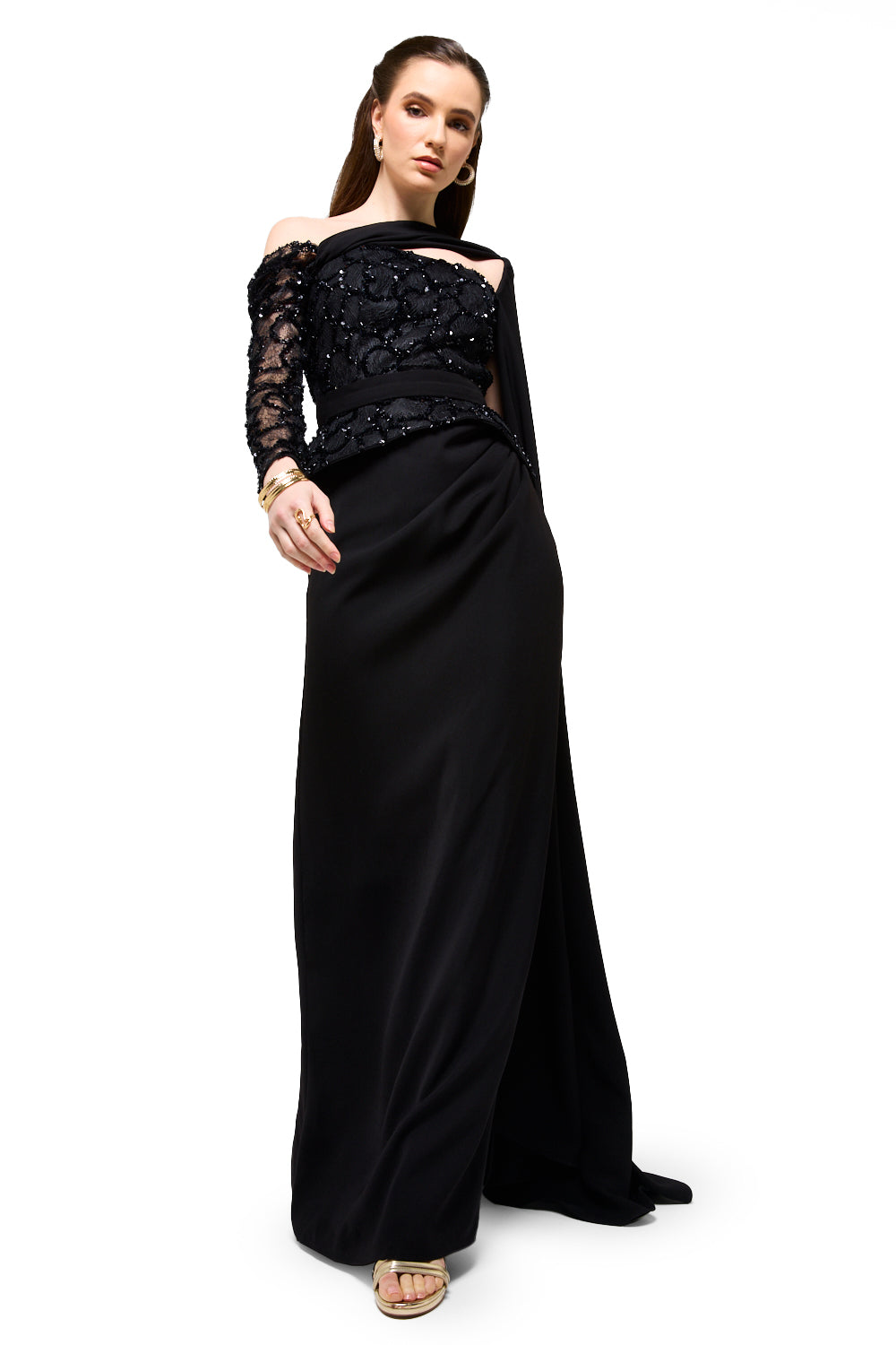 Embellished Peplum Drape Maxi Dress