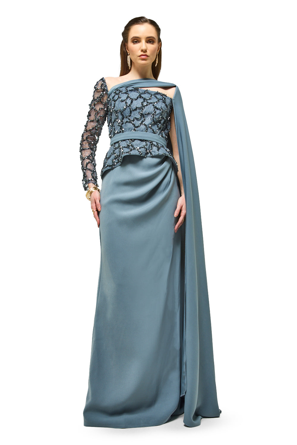 Embellished Peplum Drape Maxi Dress