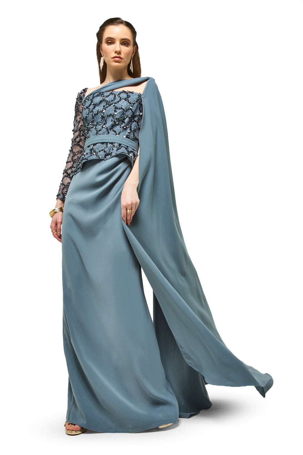 Embellished Peplum Drape Maxi Dress