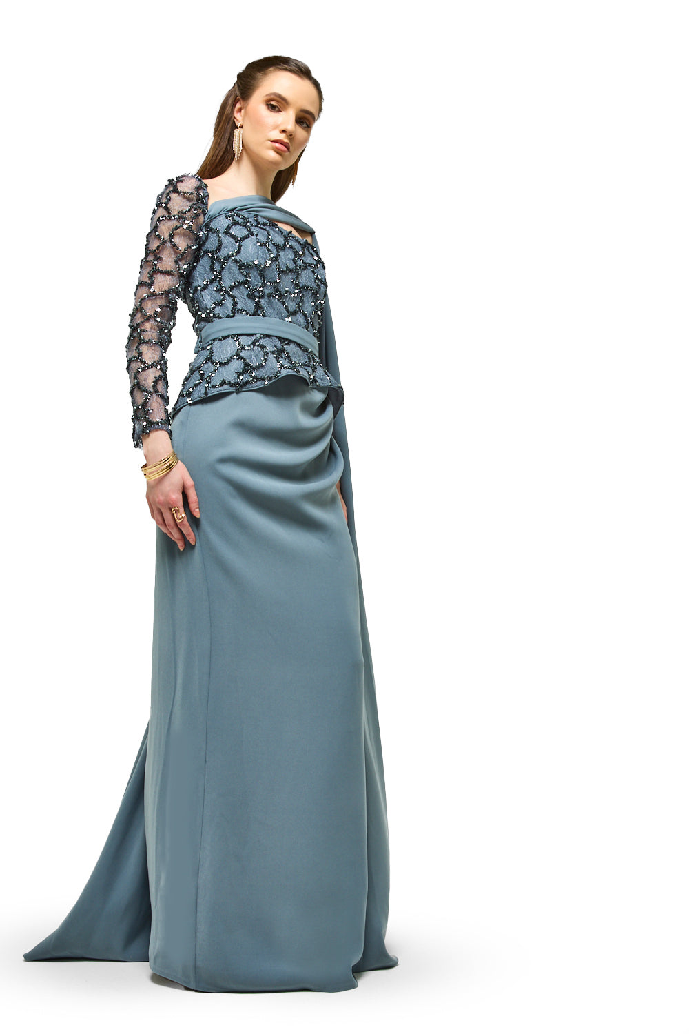 Embellished Peplum Drape Maxi Dress