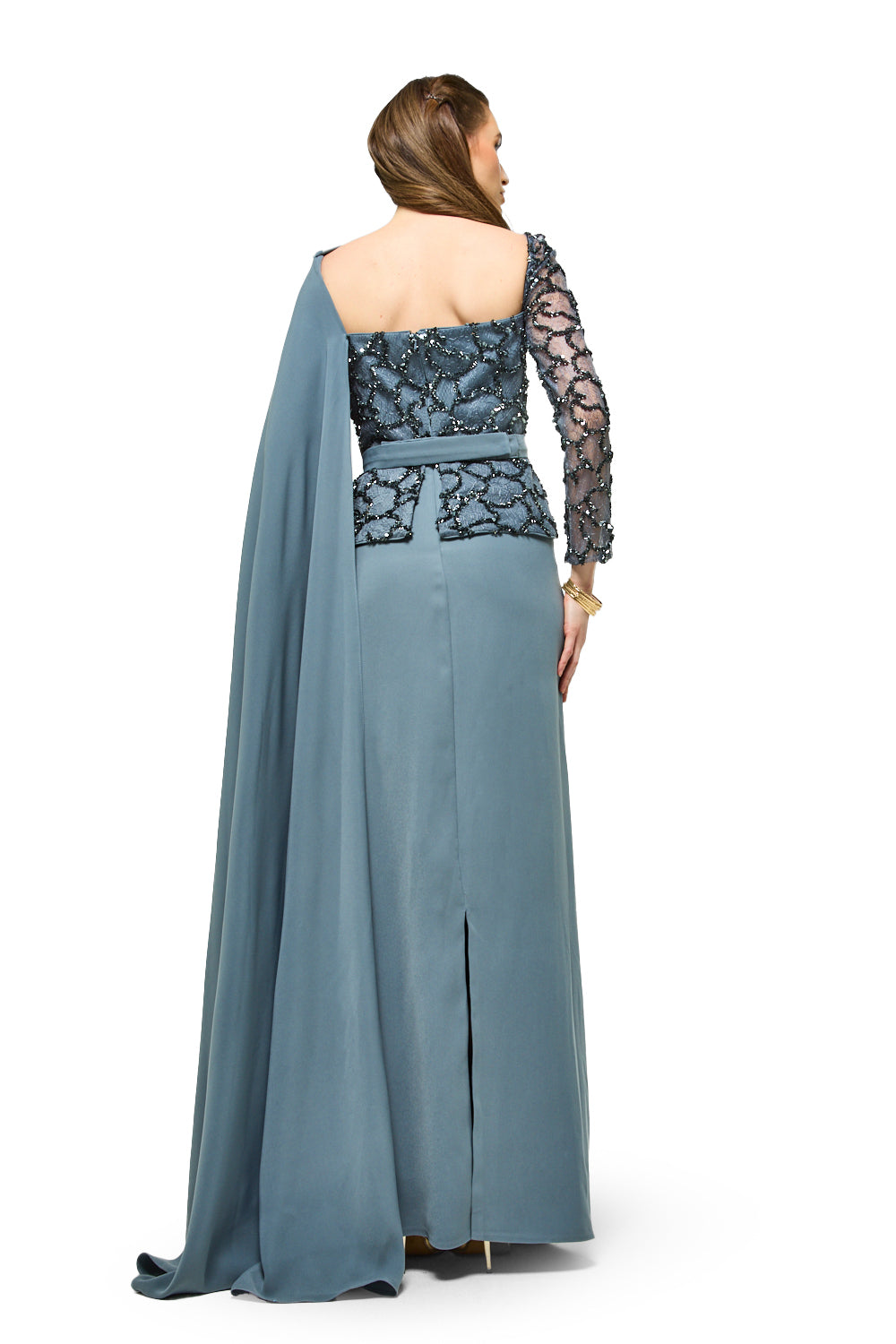 Embellished Peplum Drape Maxi Dress