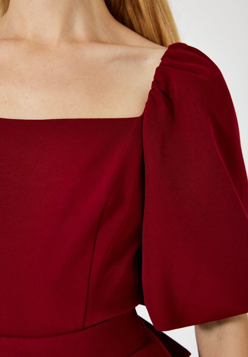 Stunning Crepe Fit And Flare Long Dress With Square Neckline And Puff Sleeves