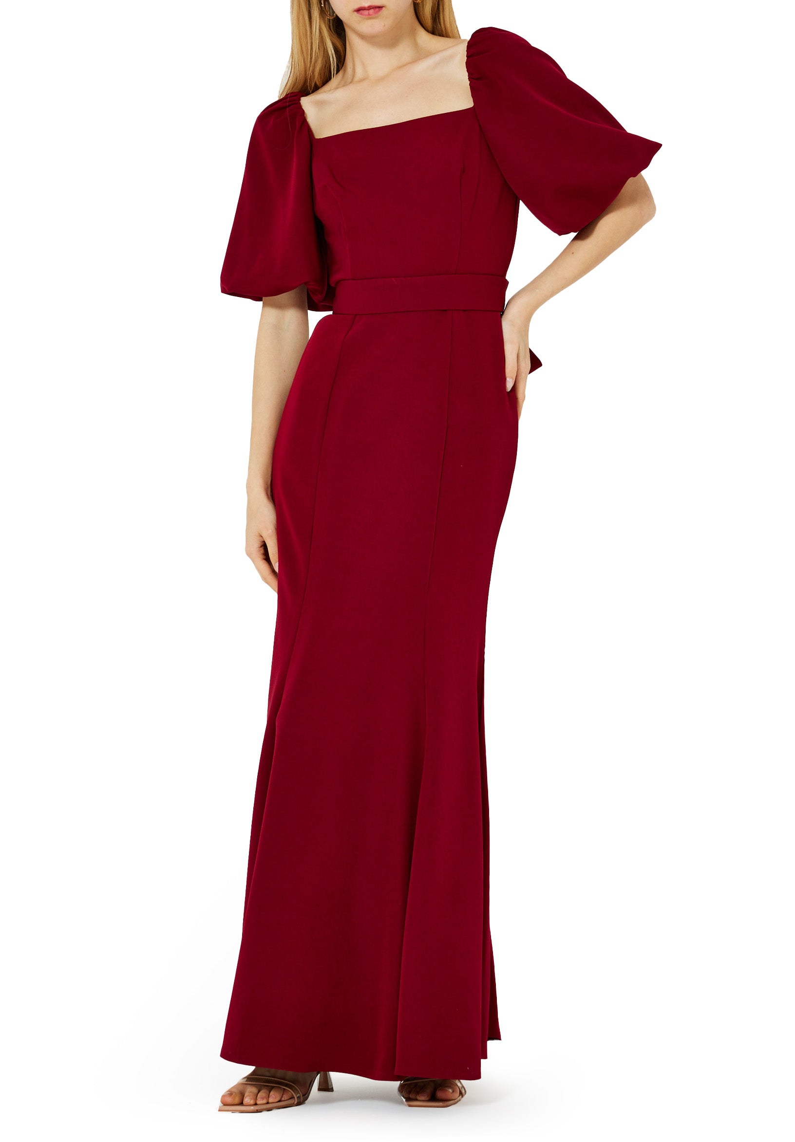Stunning Crepe Fit And Flare Long Dress With Square Neckline And Puff Sleeves