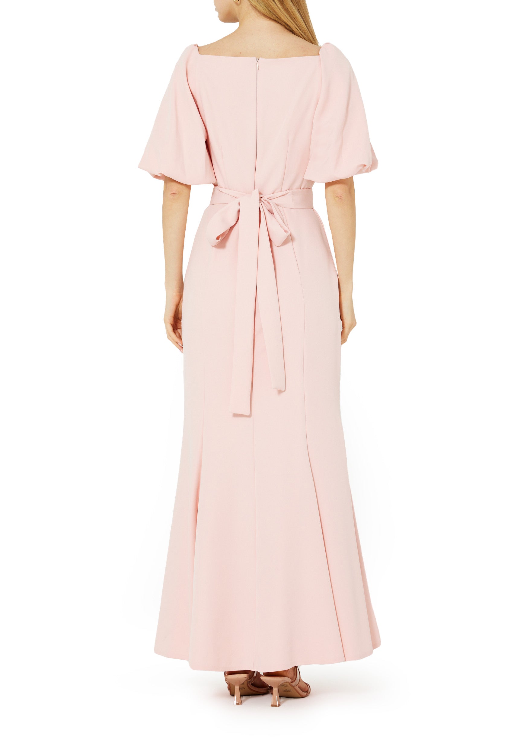Stunning Crepe Fit And Flare Long Dress With Square Neckline And Puff Sleeves