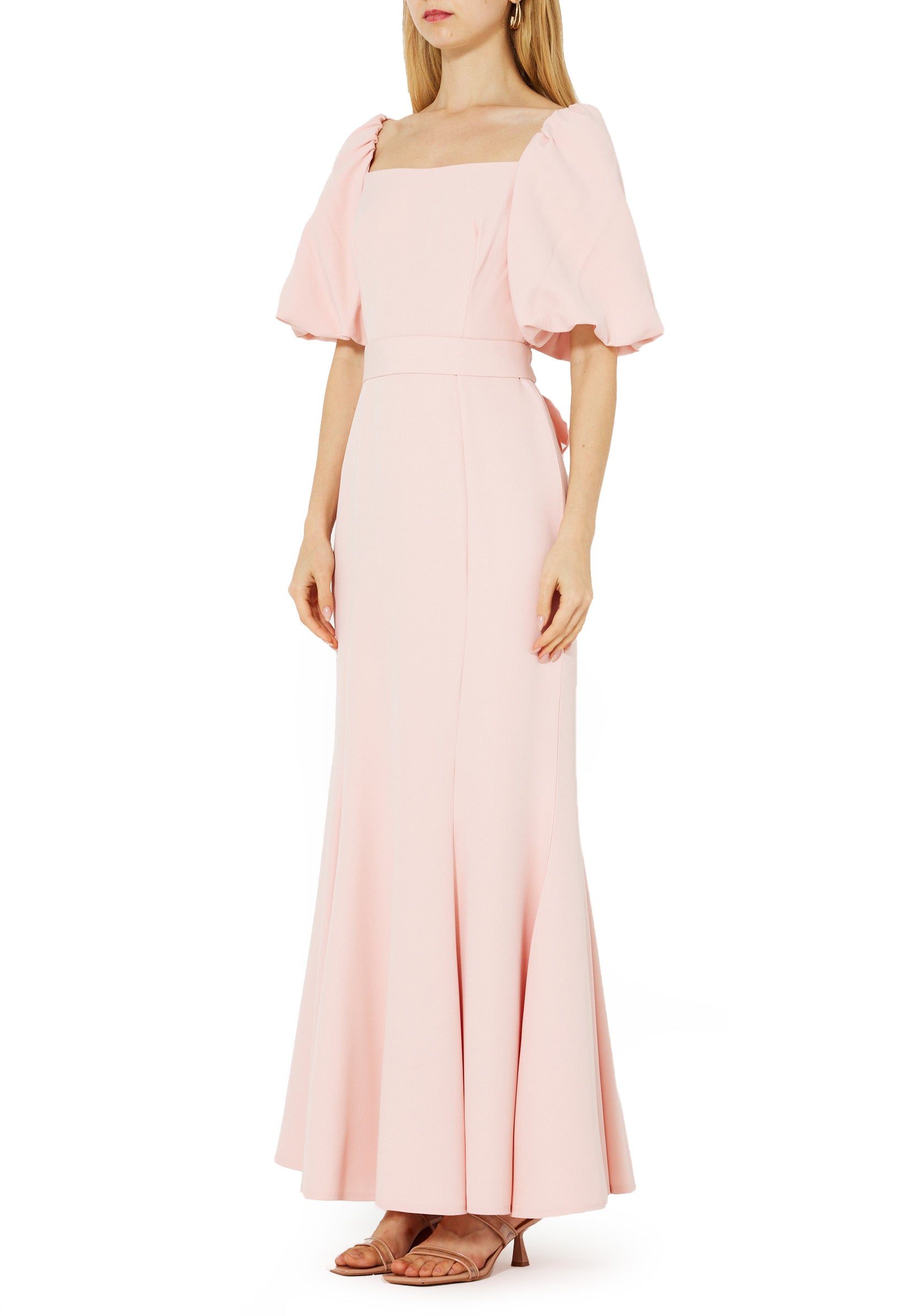 Stunning Crepe Fit And Flare Long Dress With Square Neckline And Puff Sleeves