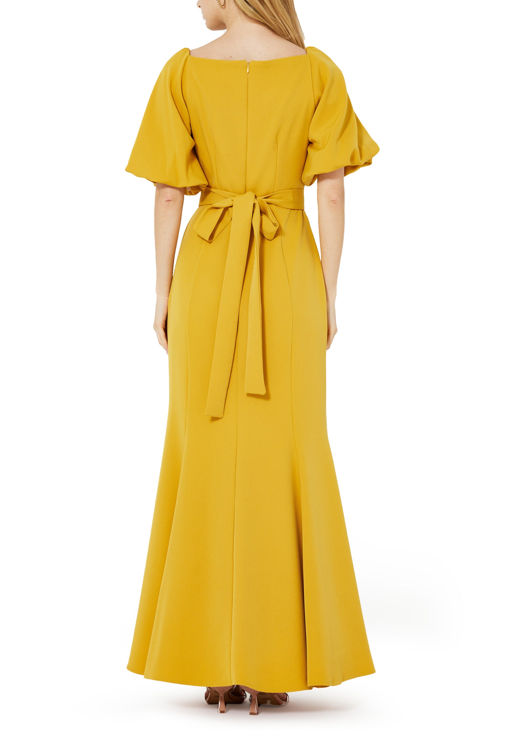 Stunning Crepe Fit And Flare Long Dress With Square Neckline And Puff Sleeves