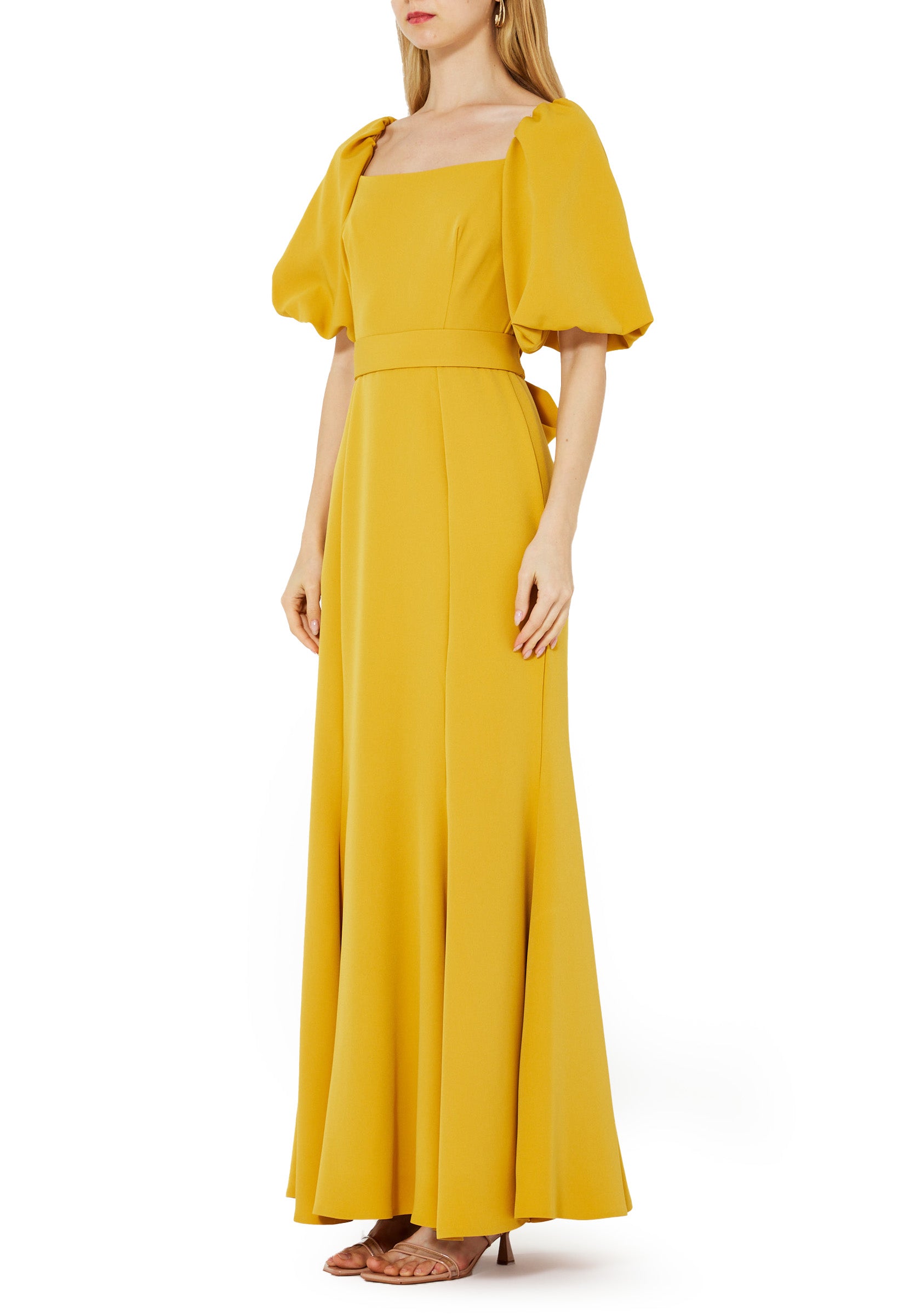 Stunning Crepe Fit And Flare Long Dress With Square Neckline And Puff Sleeves