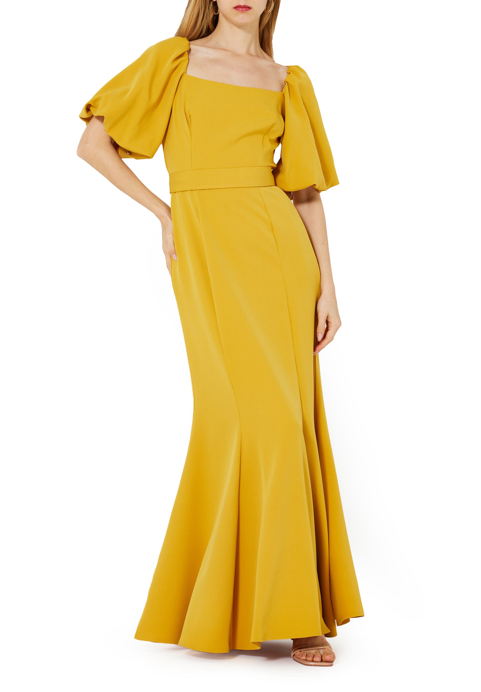 Stunning Crepe Fit And Flare Long Dress With Square Neckline And Puff Sleeves