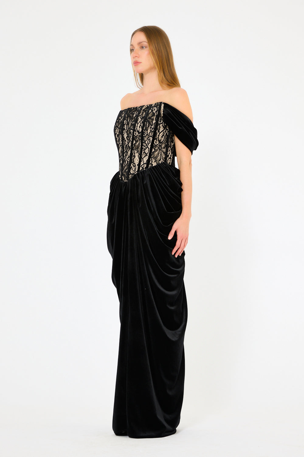 Off-Shoulder Lace Panel Sculpted Hip Draping Dress