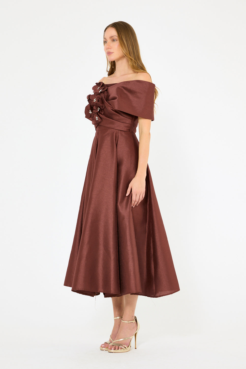 3D Shoulder Bloom Structured Midi Dress