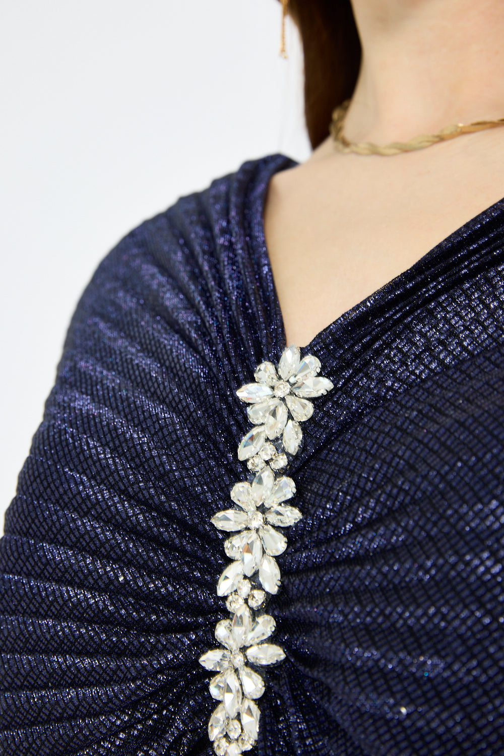 Crystal Clasp Draped Overlay Pleated Gown