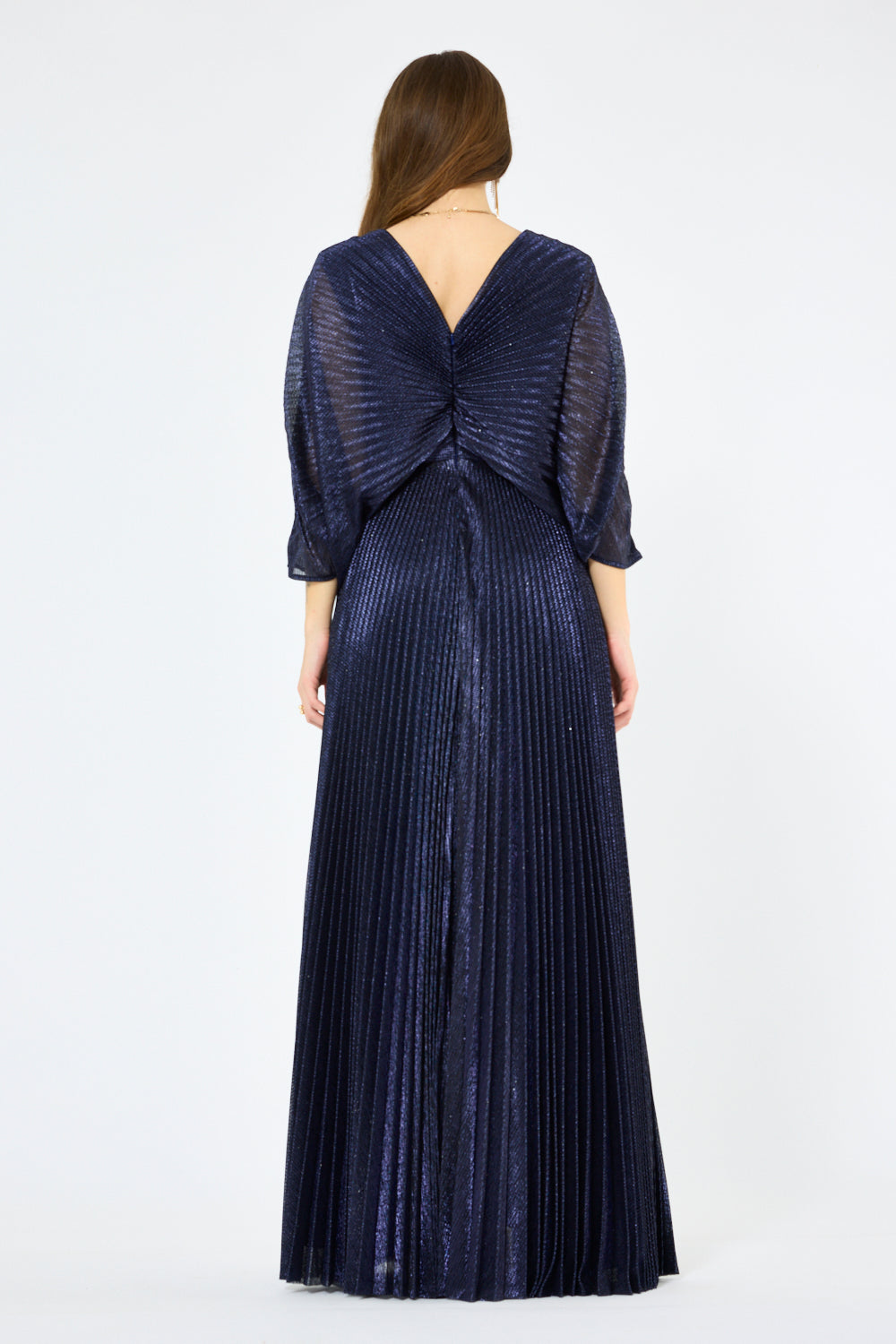 Crystal Clasp Draped Overlay Pleated Gown