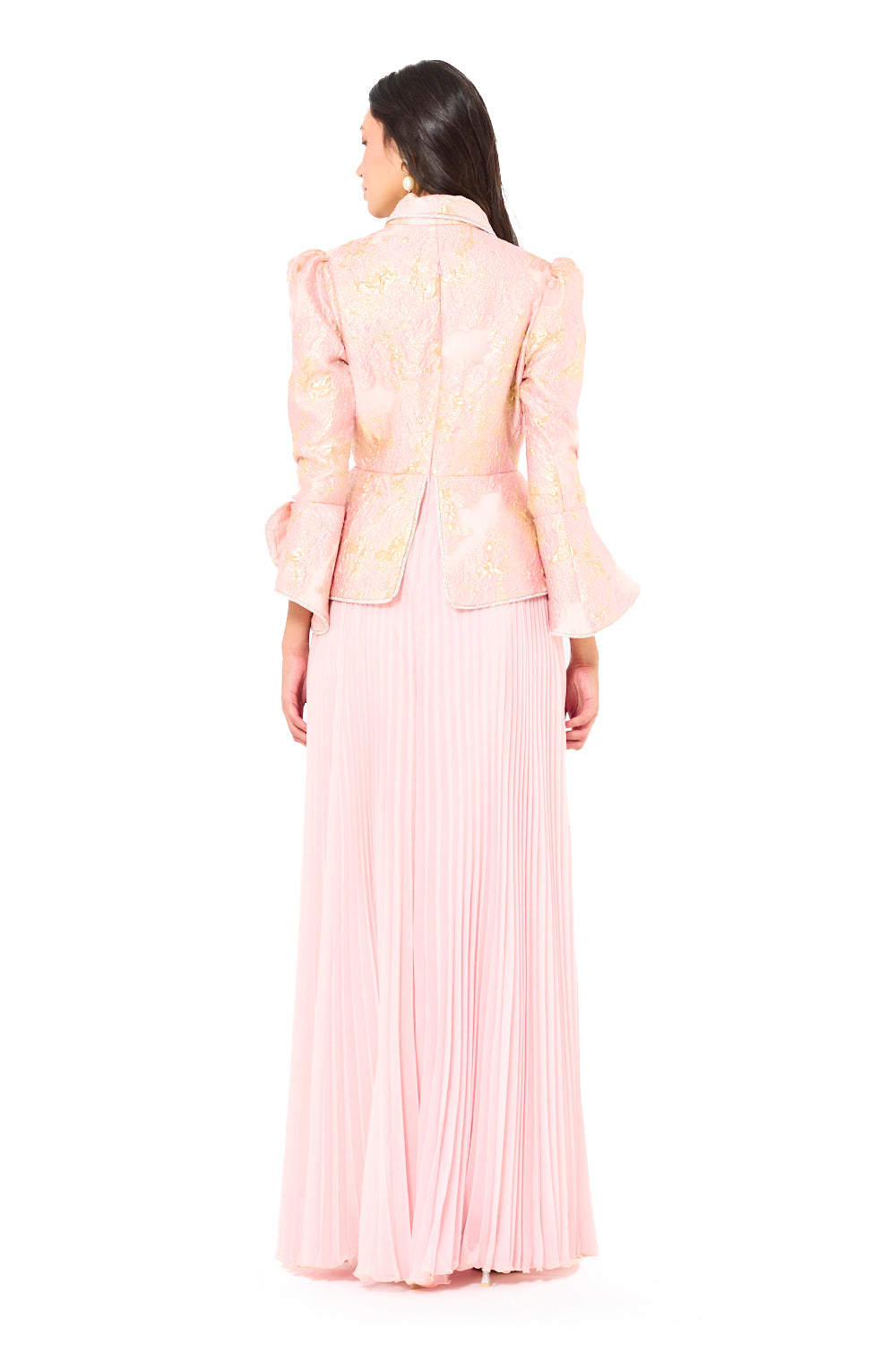 Brocade Peplum Pleated Gown