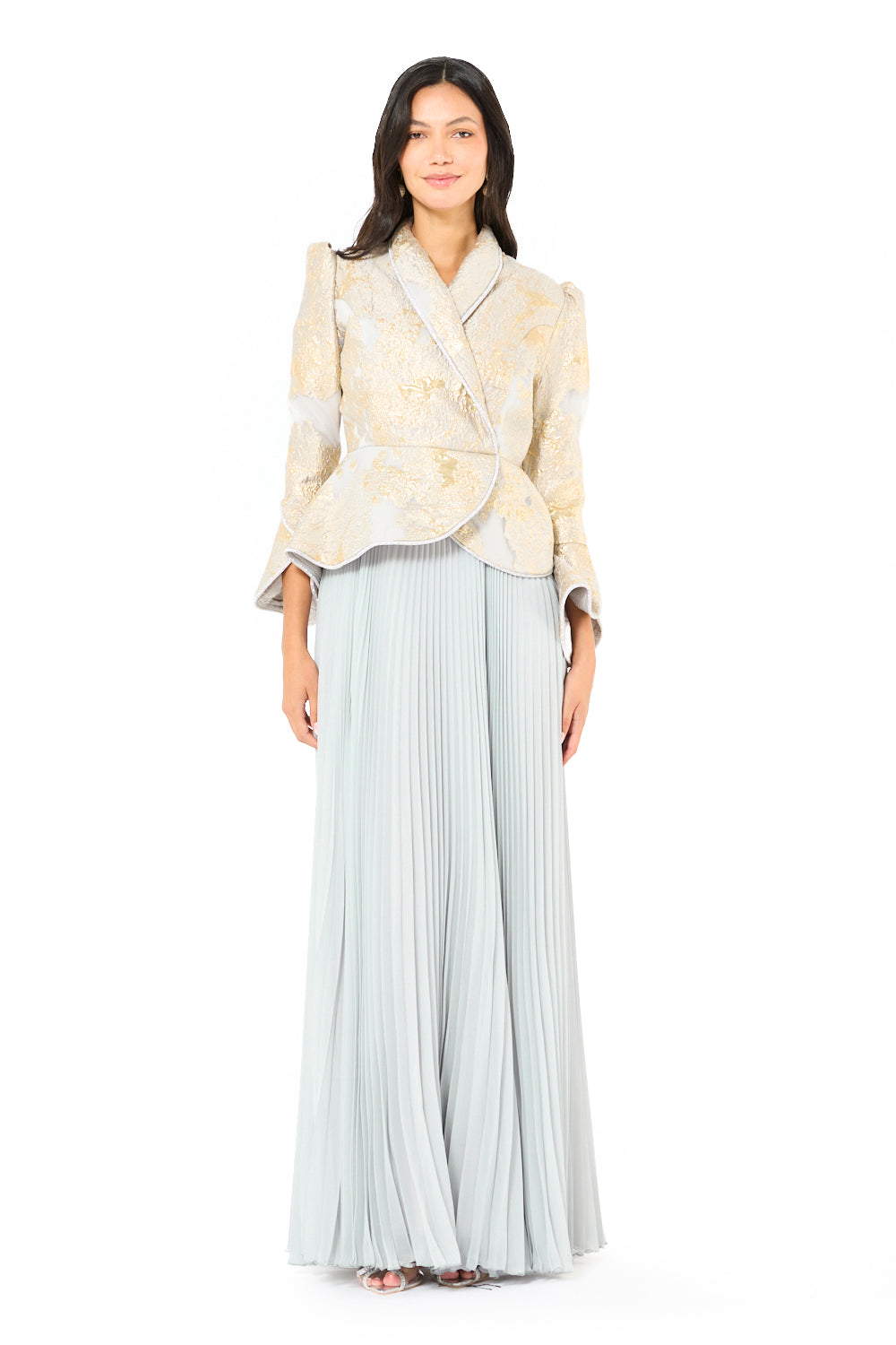 Brocade Peplum Pleated Gown