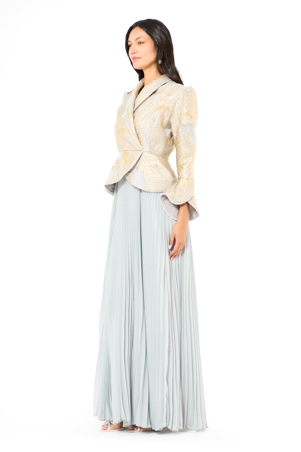 Brocade Peplum Pleated Gown