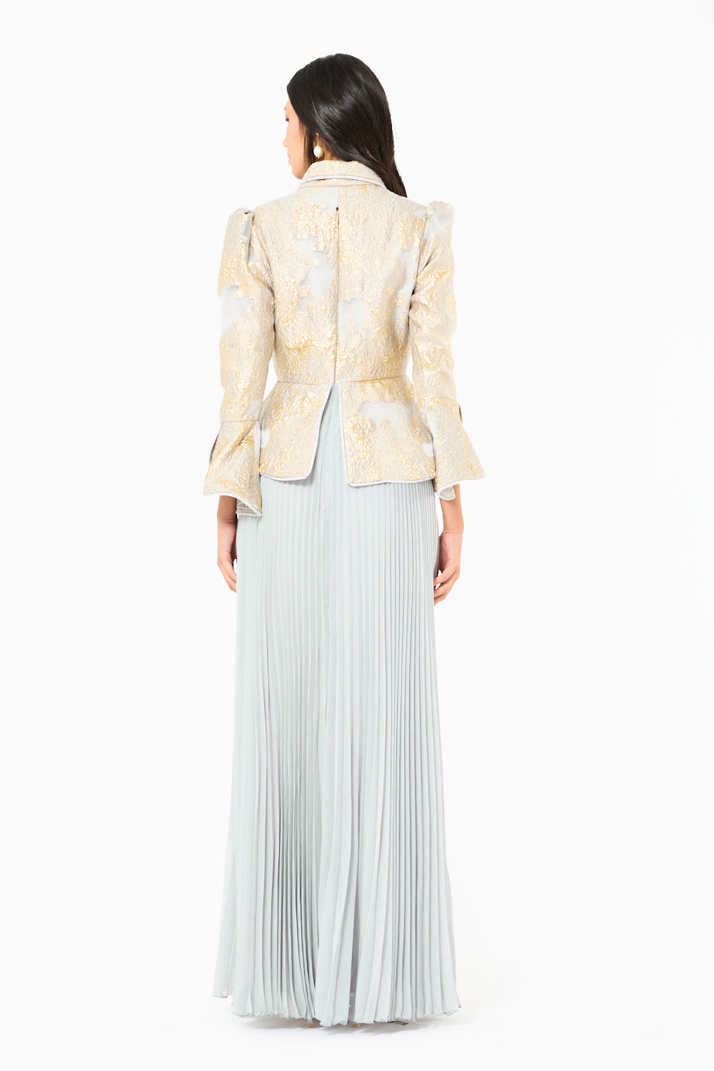 Brocade Peplum Pleated Gown