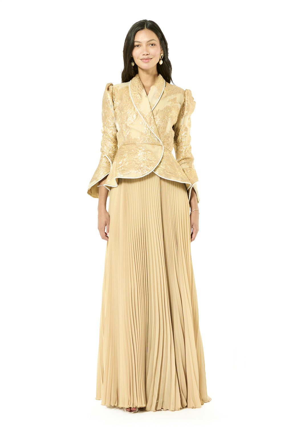 Brocade Peplum Pleated Gown