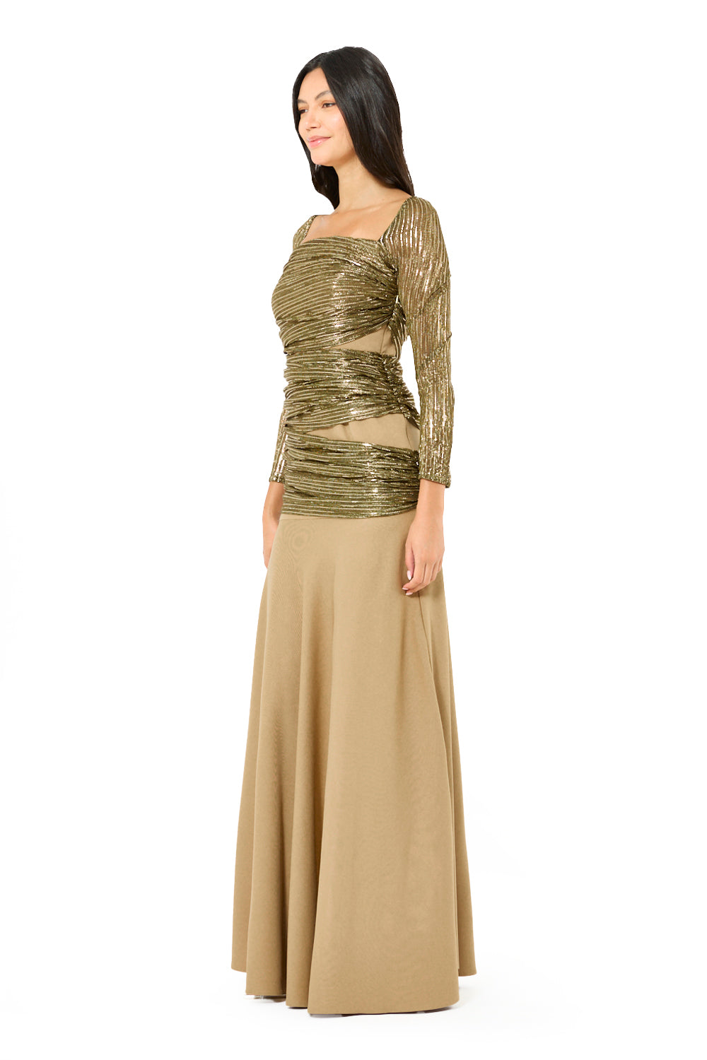 Ruched Metallic Overlay Mermaid Gown
