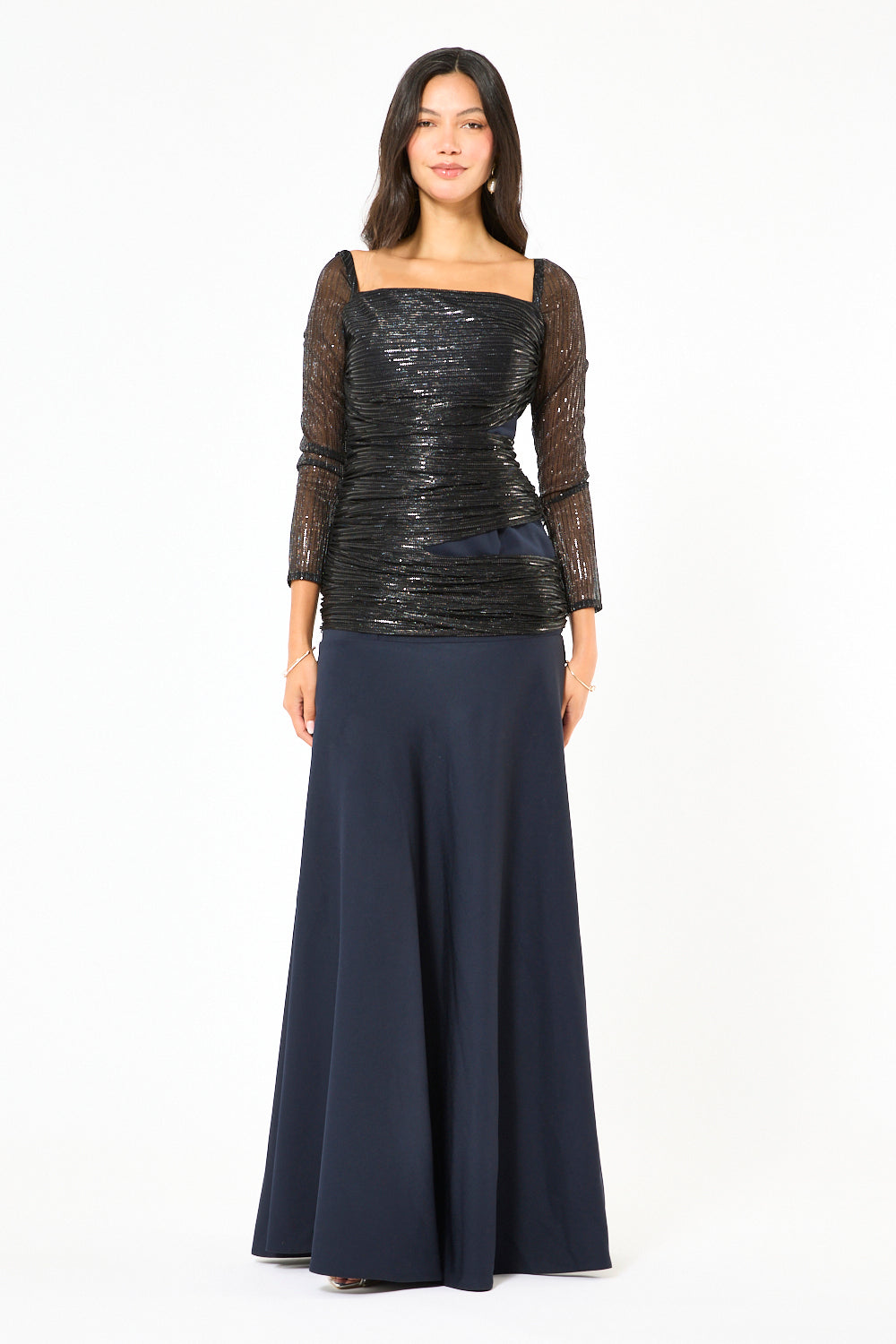 Ruched Metallic Overlay Mermaid Gown