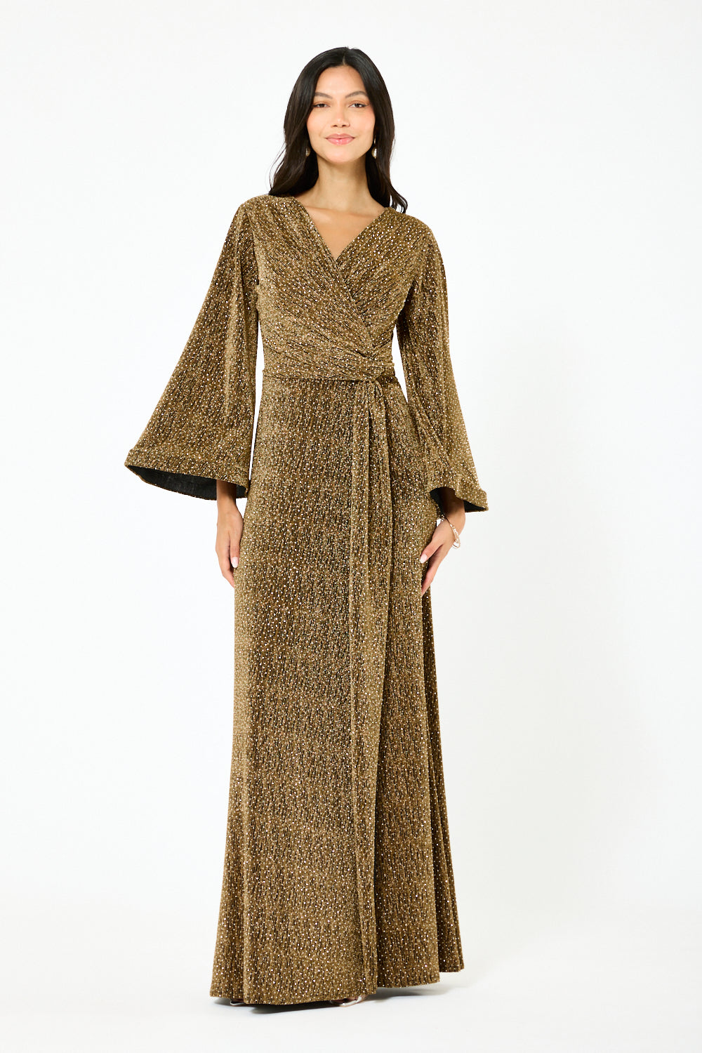 Shimmer Wrap Tie-Waist Evening Gown