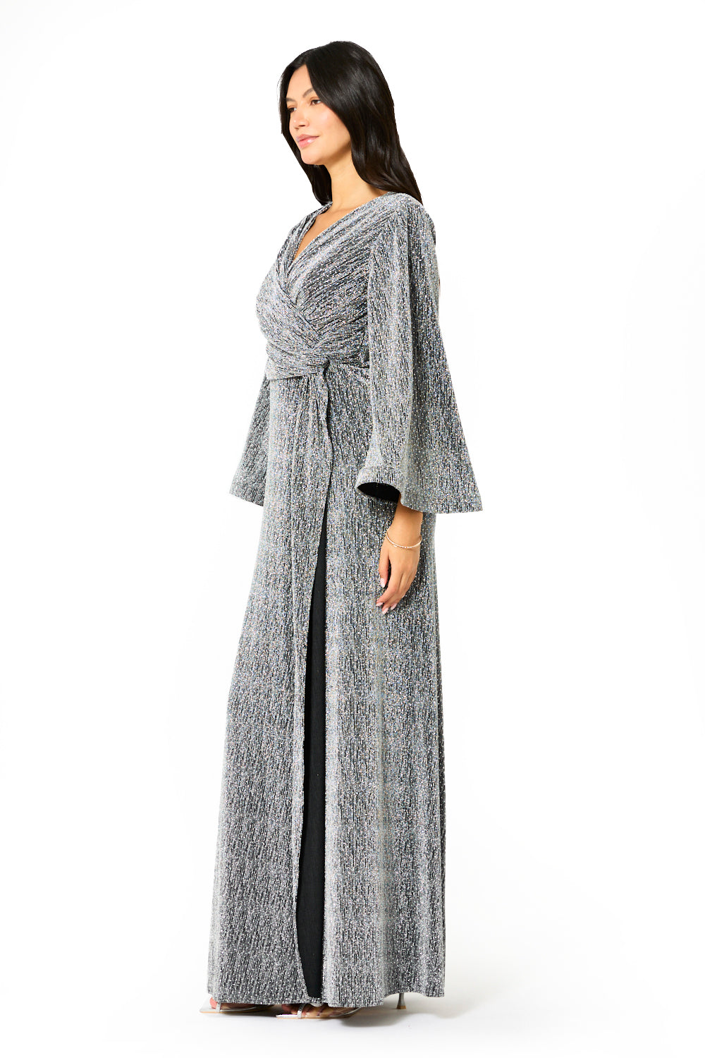 Shimmer Wrap Tie-Waist Evening Gown