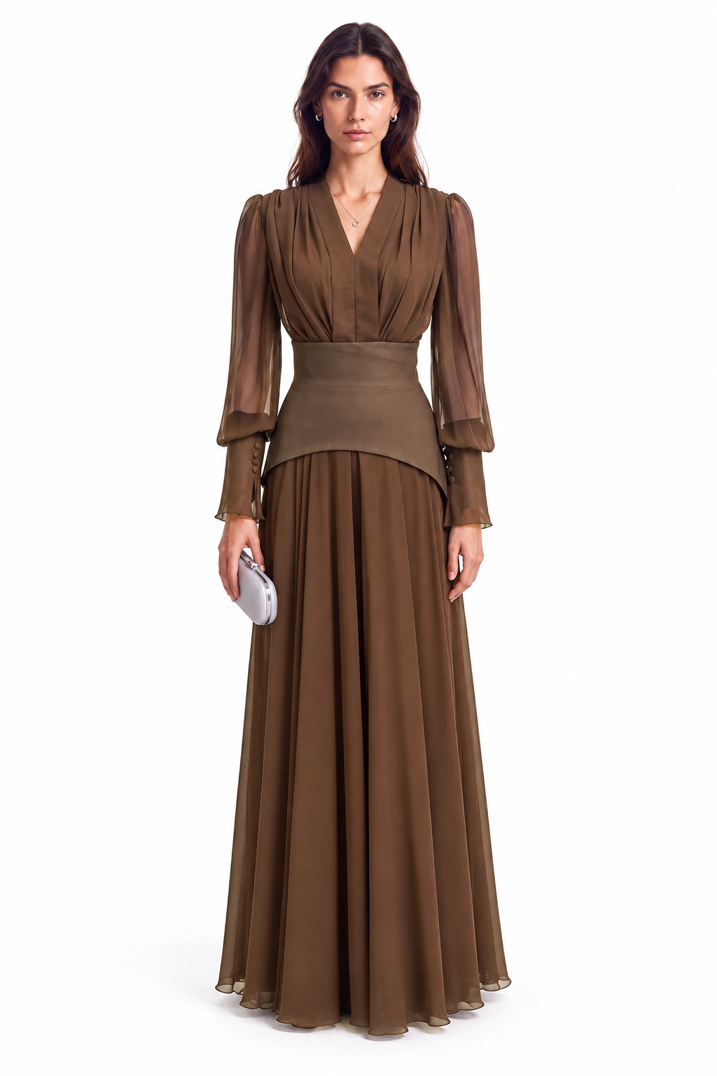 "Nesma" V-Neck Belted Chiffon Gown