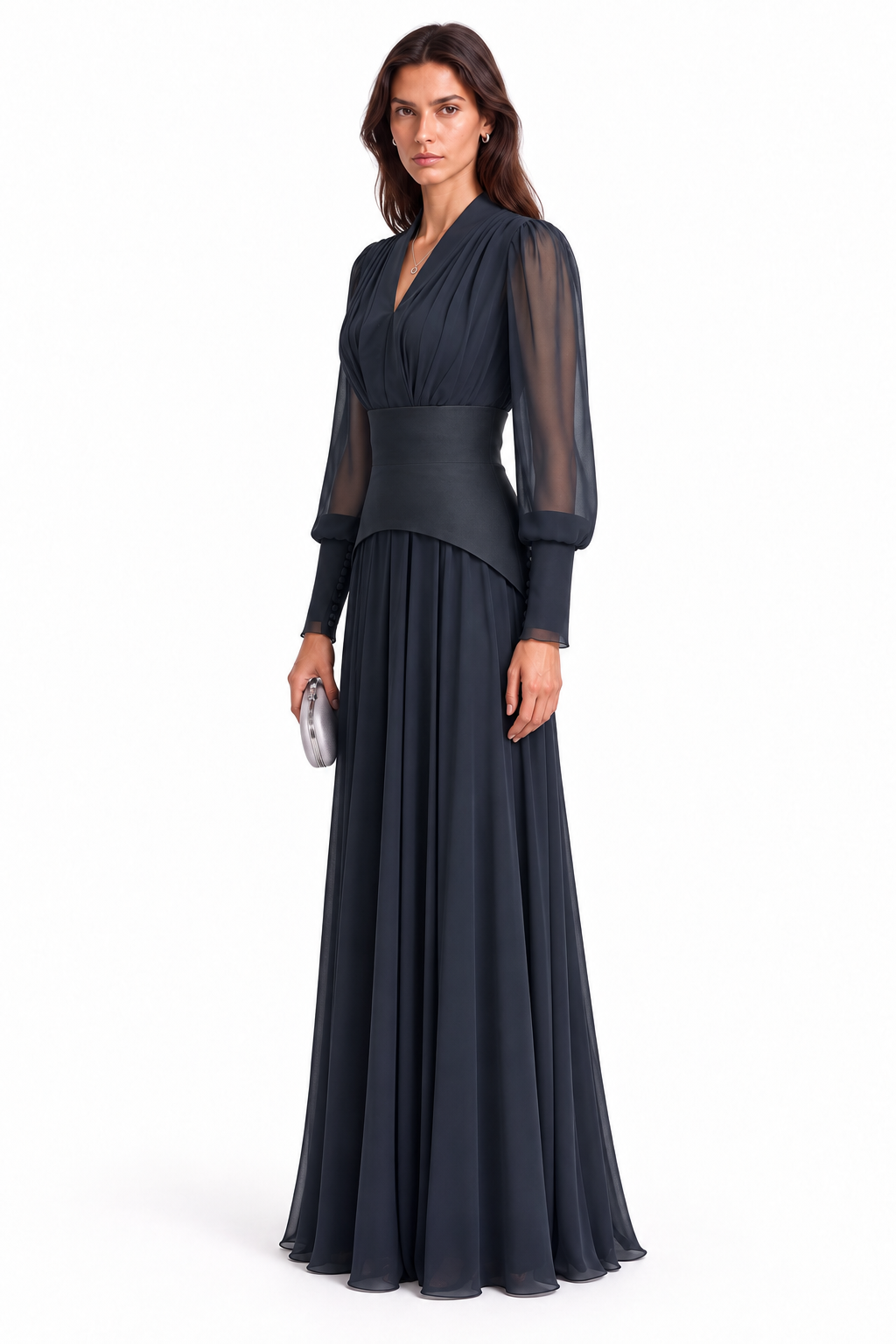 "Nesma" V-Neck Belted Chiffon Gown