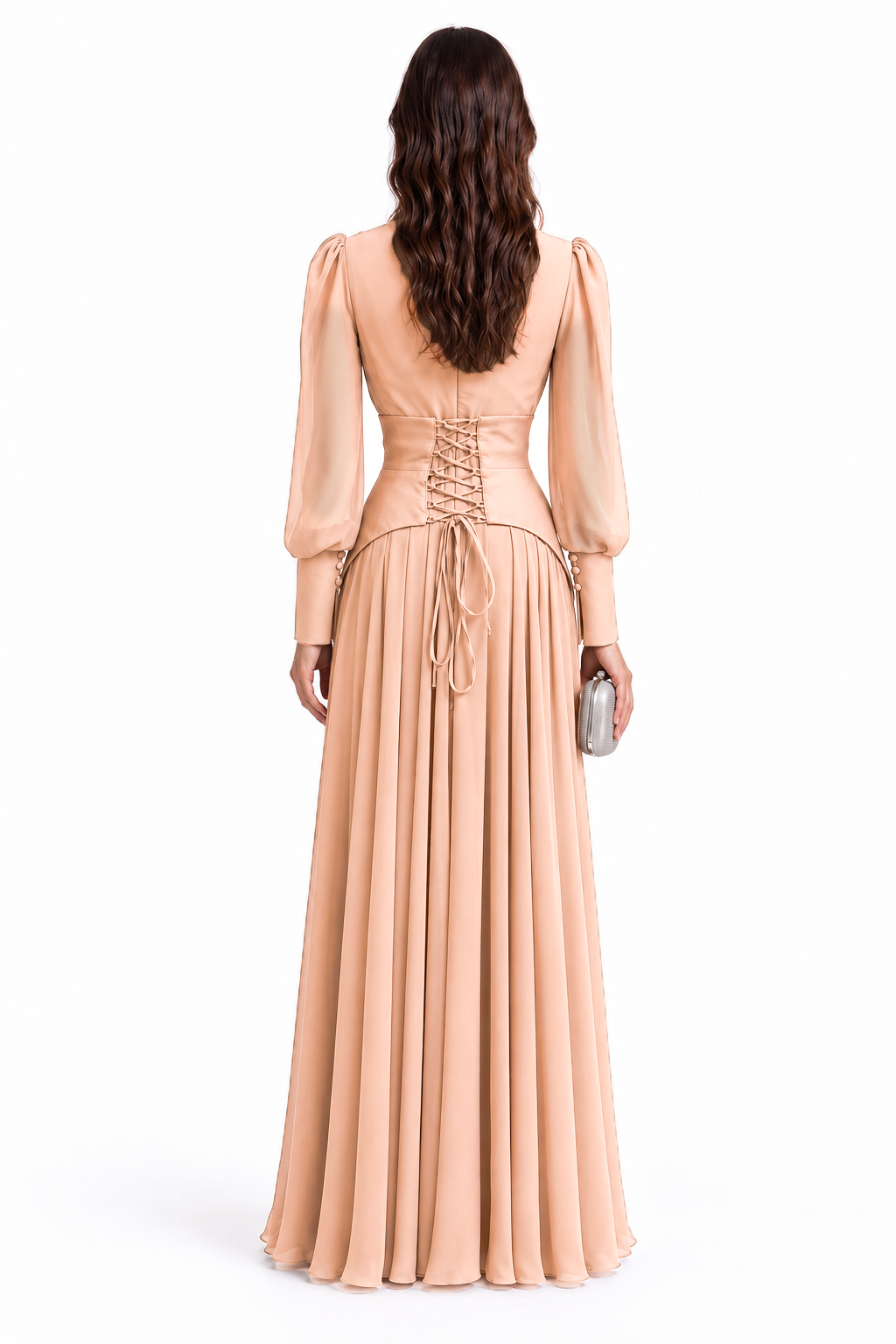 "Nesma" V-Neck Belted Chiffon Gown