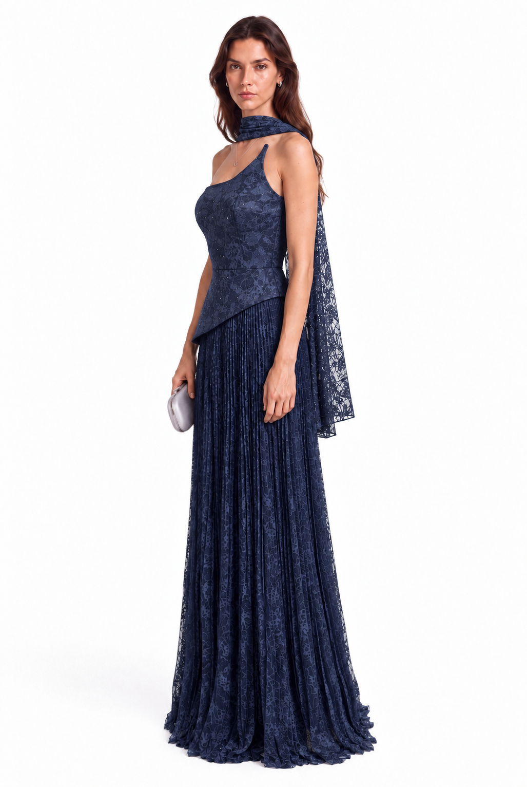 "Elara" Asymmetric Pleated Lace Gown
